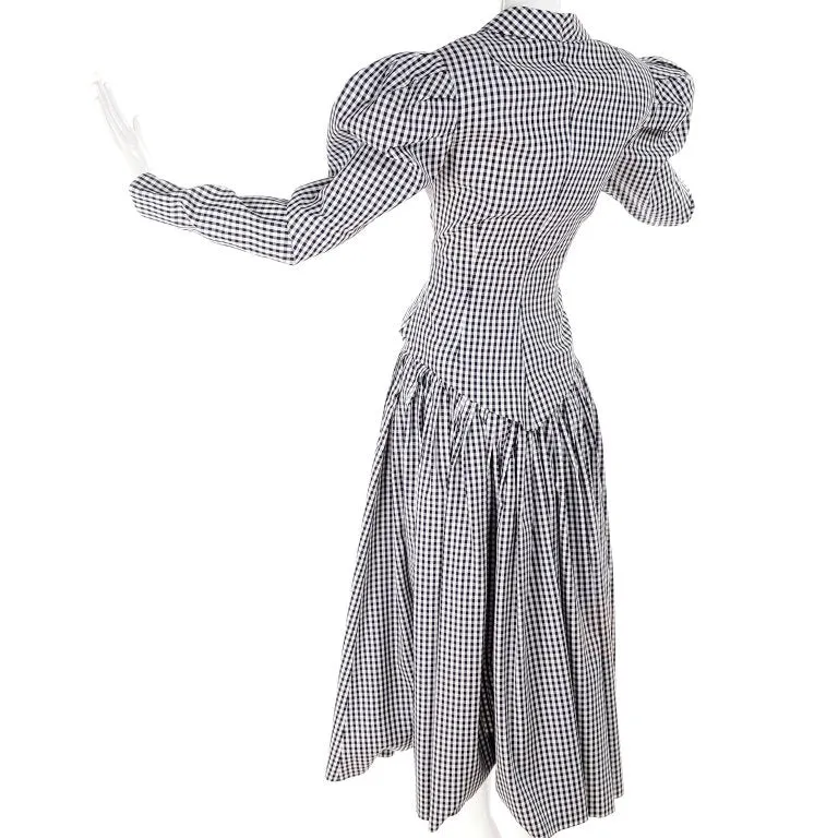 1980s Norma Kamali Black & White Checked Taffeta 2 Pc Victorian Dress