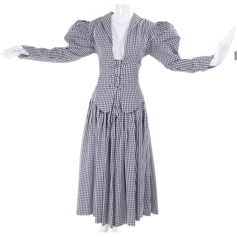 1980s Norma Kamali Black & White Checked Taffeta 2 Pc Victorian Dress