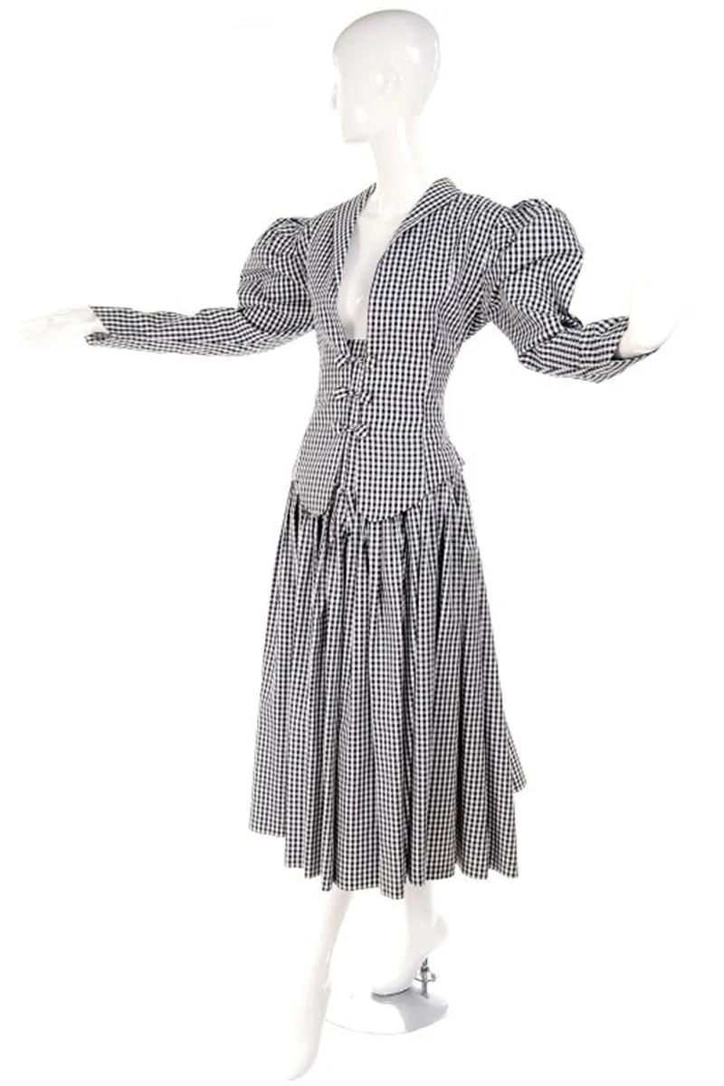 1980s Norma Kamali Black & White Checked Taffeta 2 Pc Victorian Dress