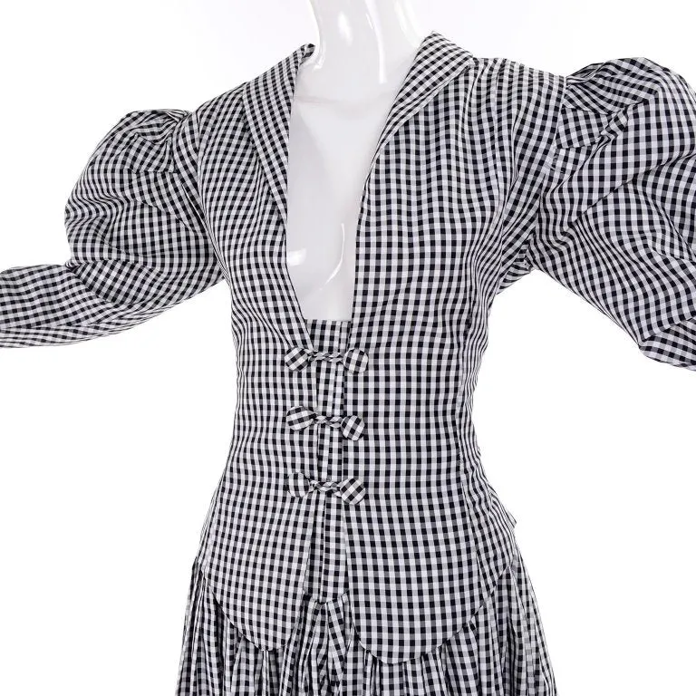1980s Norma Kamali Black & White Checked Taffeta 2 Pc Victorian Dress