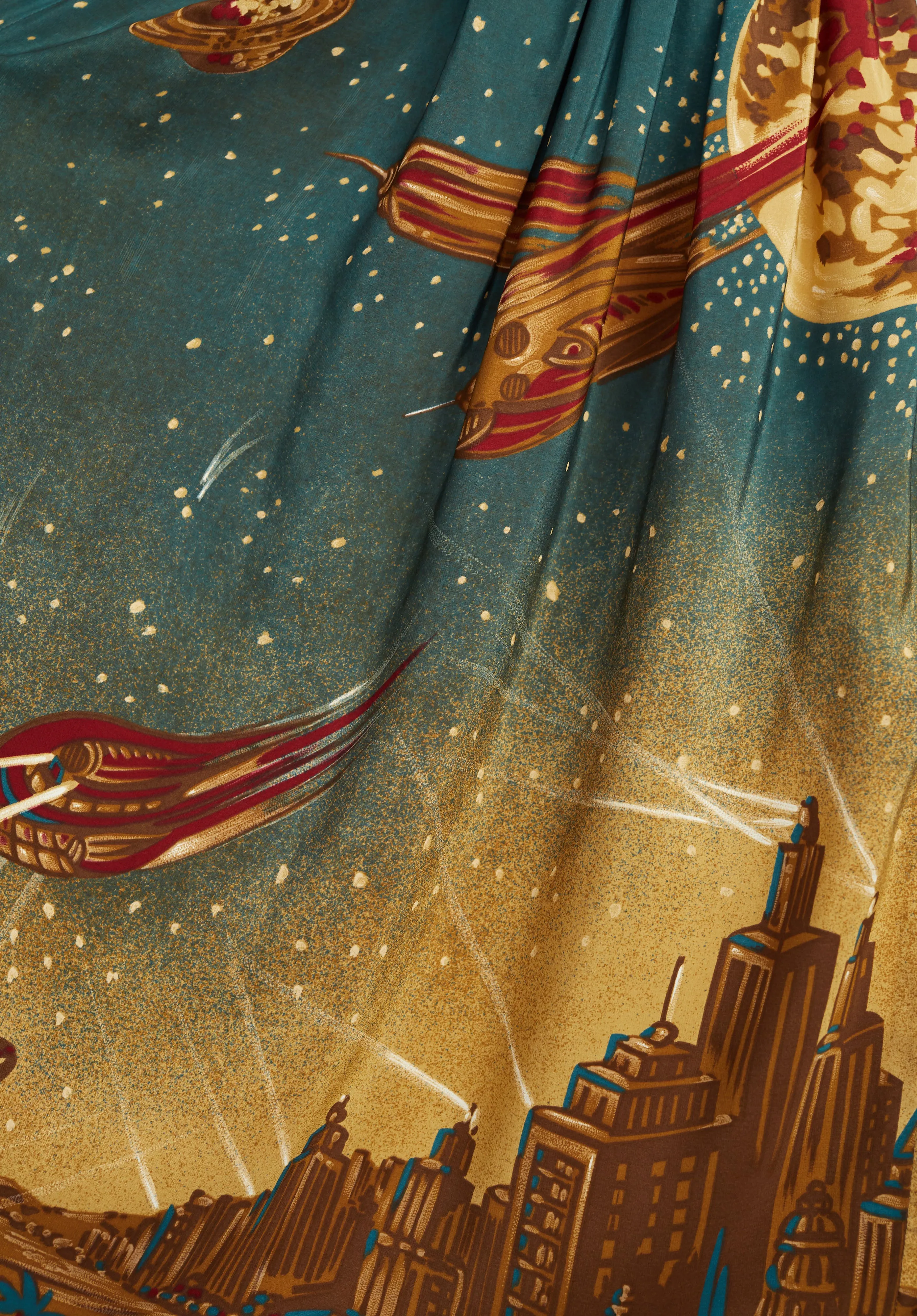 1980s "Metropolis" Futuristic Novelty Print Silk Midi Skirt