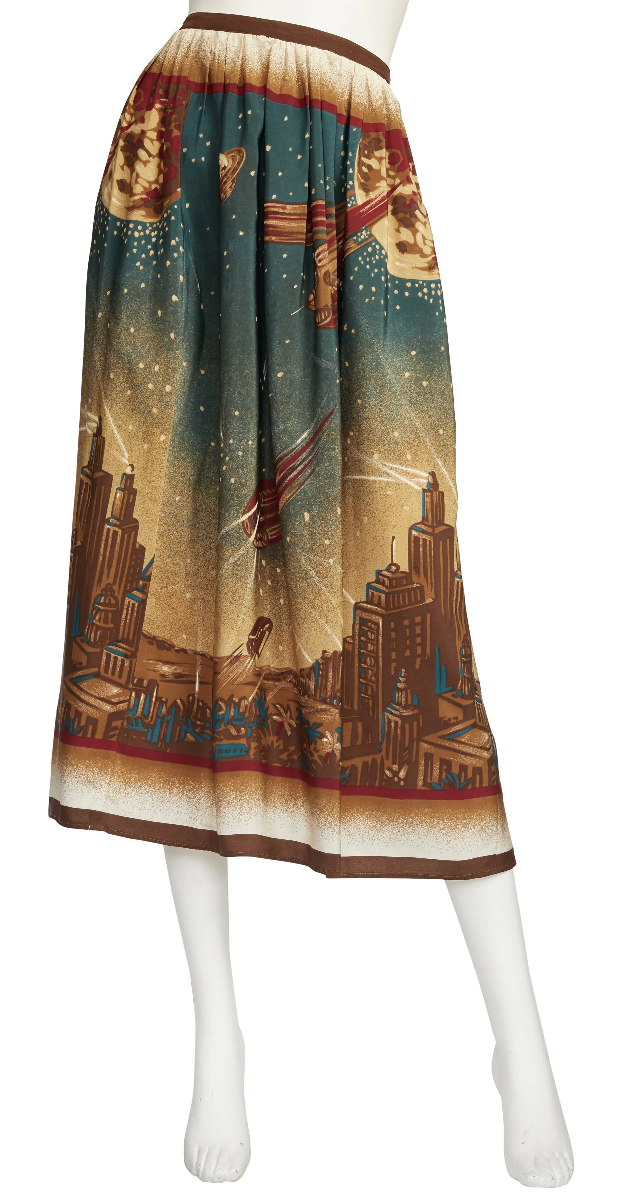 1980s "Metropolis" Futuristic Novelty Print Silk Midi Skirt