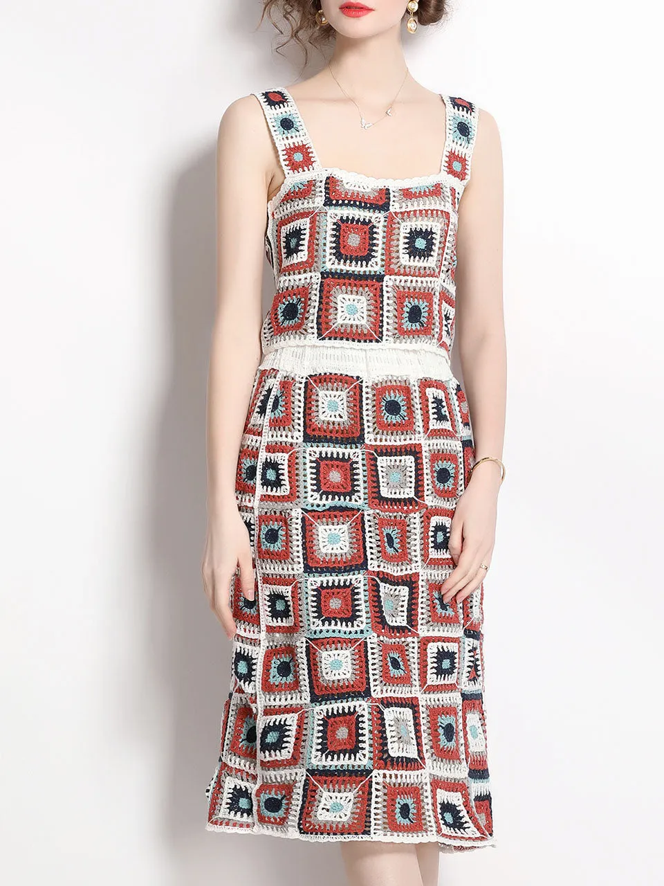 2PS Wine Red Boho Style Crochet Tank Top and Skirt Set