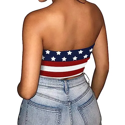 4th of July Shirts Women,Cute Crop Tube Tops Classic American Flag Patriotic Shirts Vintage Red White and Blue American Flag Blouse Casual Fourth of July Independence Day Tee(A-Dark Blue,Medium)