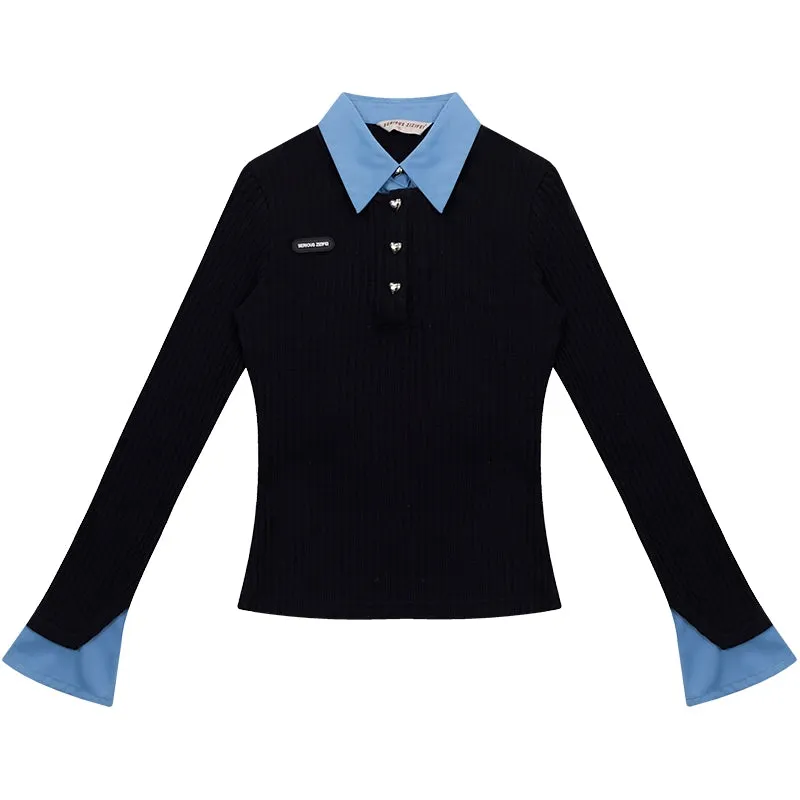 Bell Sleeve Fake Two-Piece Sweater | Slim Fit Polo Neck Retro Design for Autumn/Winter