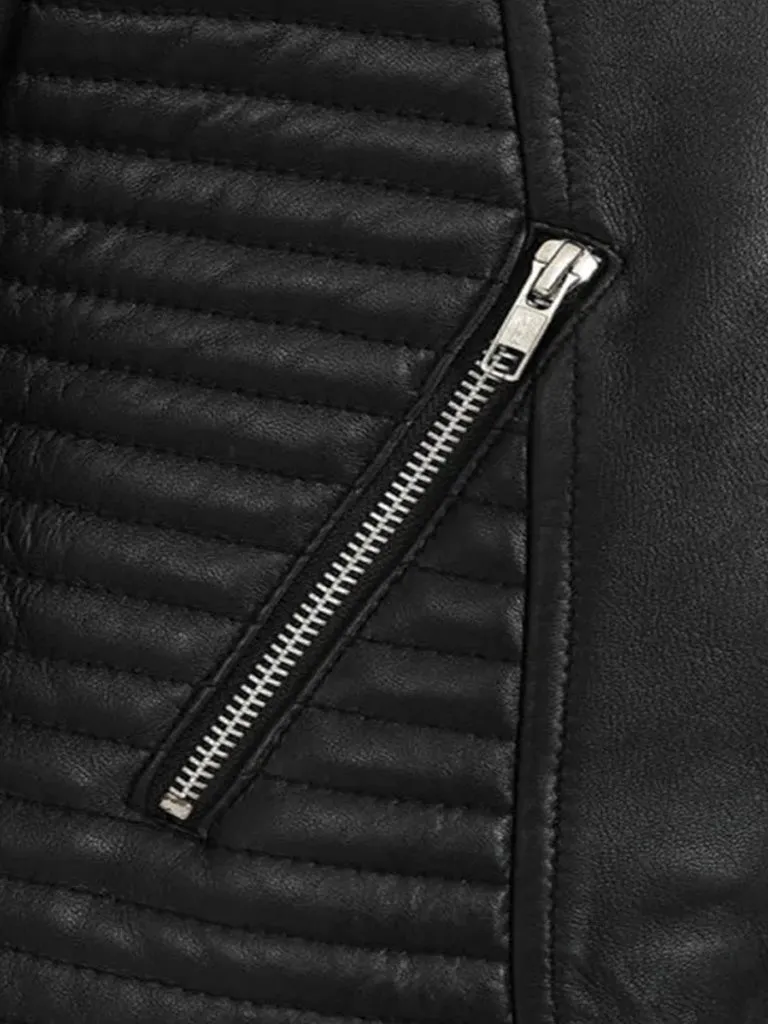 Black Biker Style Bold Lined Leather Jacket