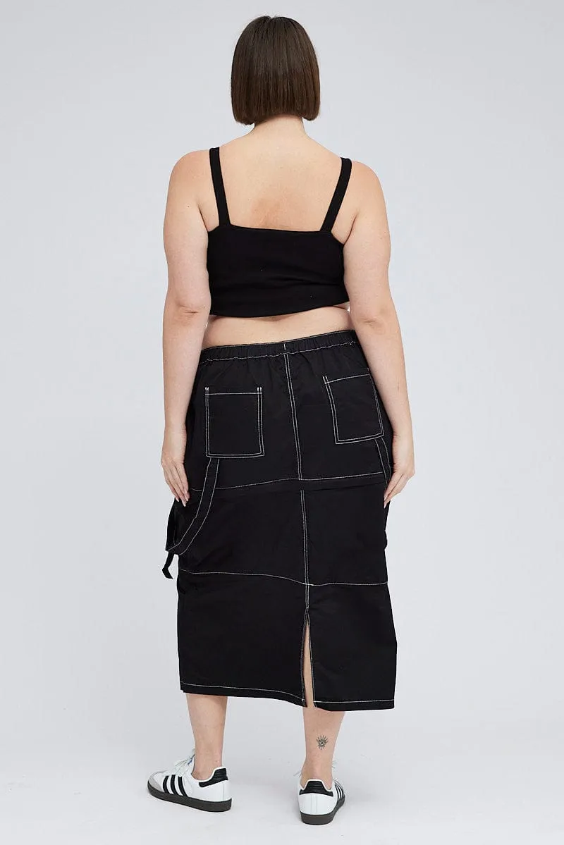 Black Cargo Midi Skirt Detachable Hem
