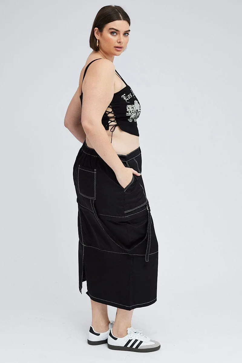 Black Cargo Midi Skirt Detachable Hem