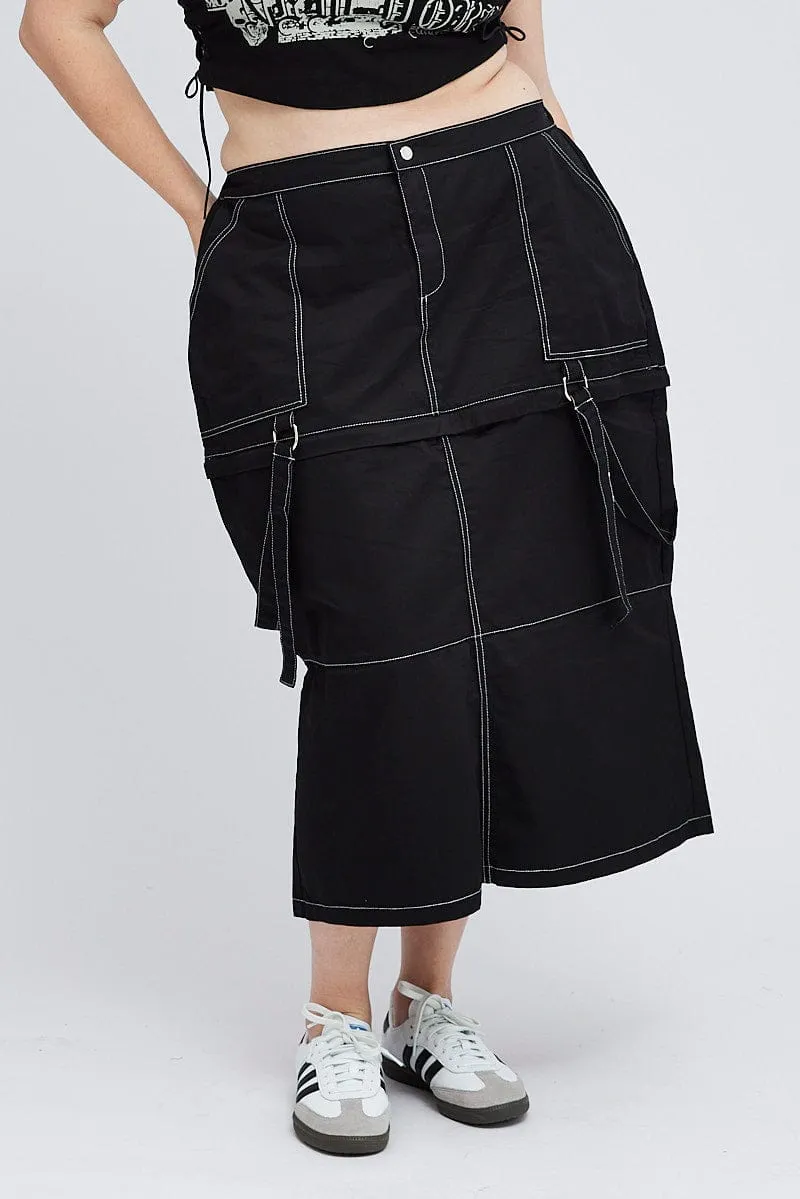 Black Cargo Midi Skirt Detachable Hem
