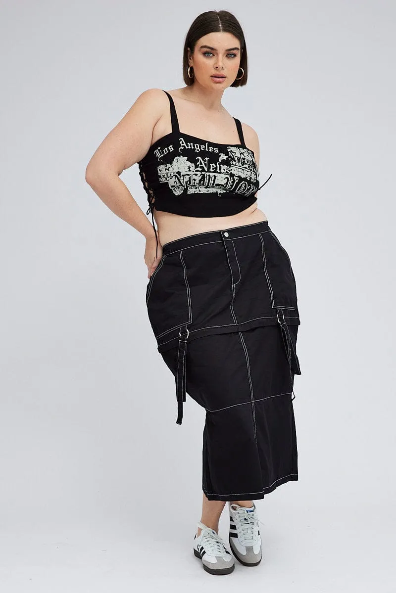 Black Cargo Midi Skirt Detachable Hem