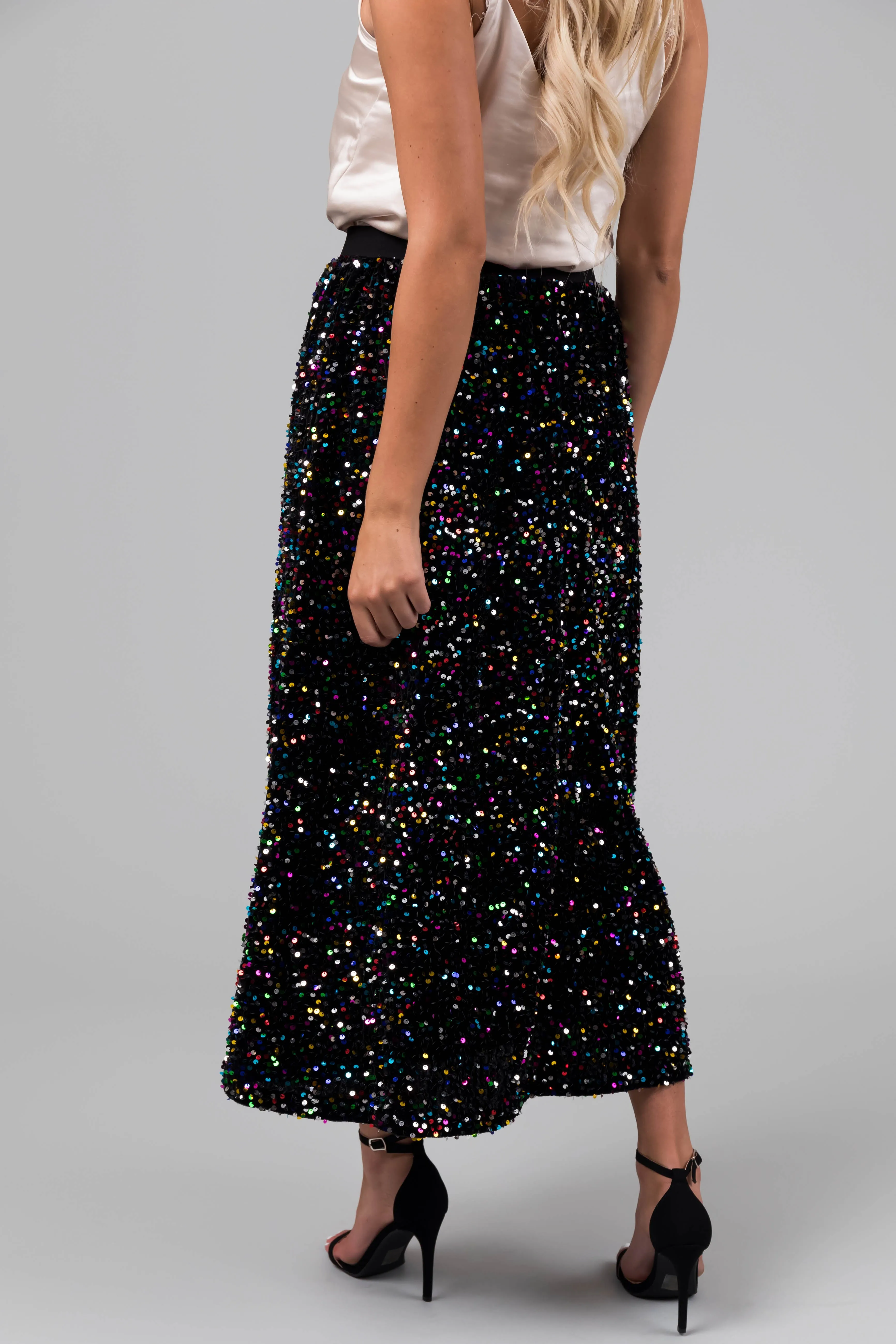 Black Colorful Sequin Velvet Midi Skirt