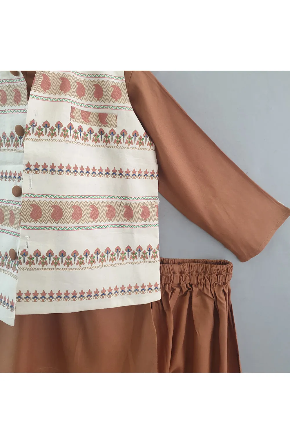 Brown Rayon Kurta With White Cotton Jacket Set