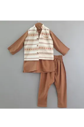 Brown Rayon Kurta With White Cotton Jacket Set