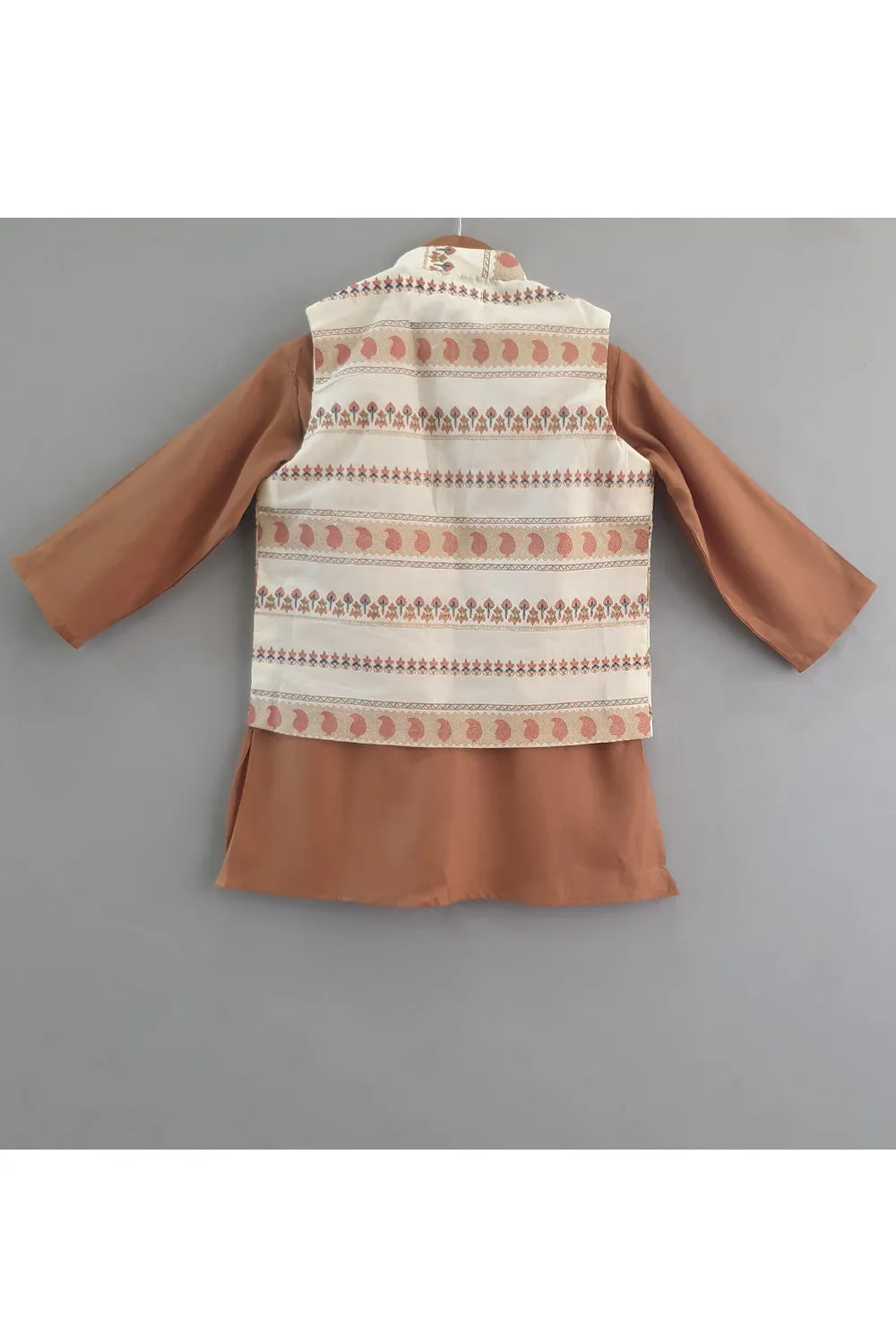 Brown Rayon Kurta With White Cotton Jacket Set