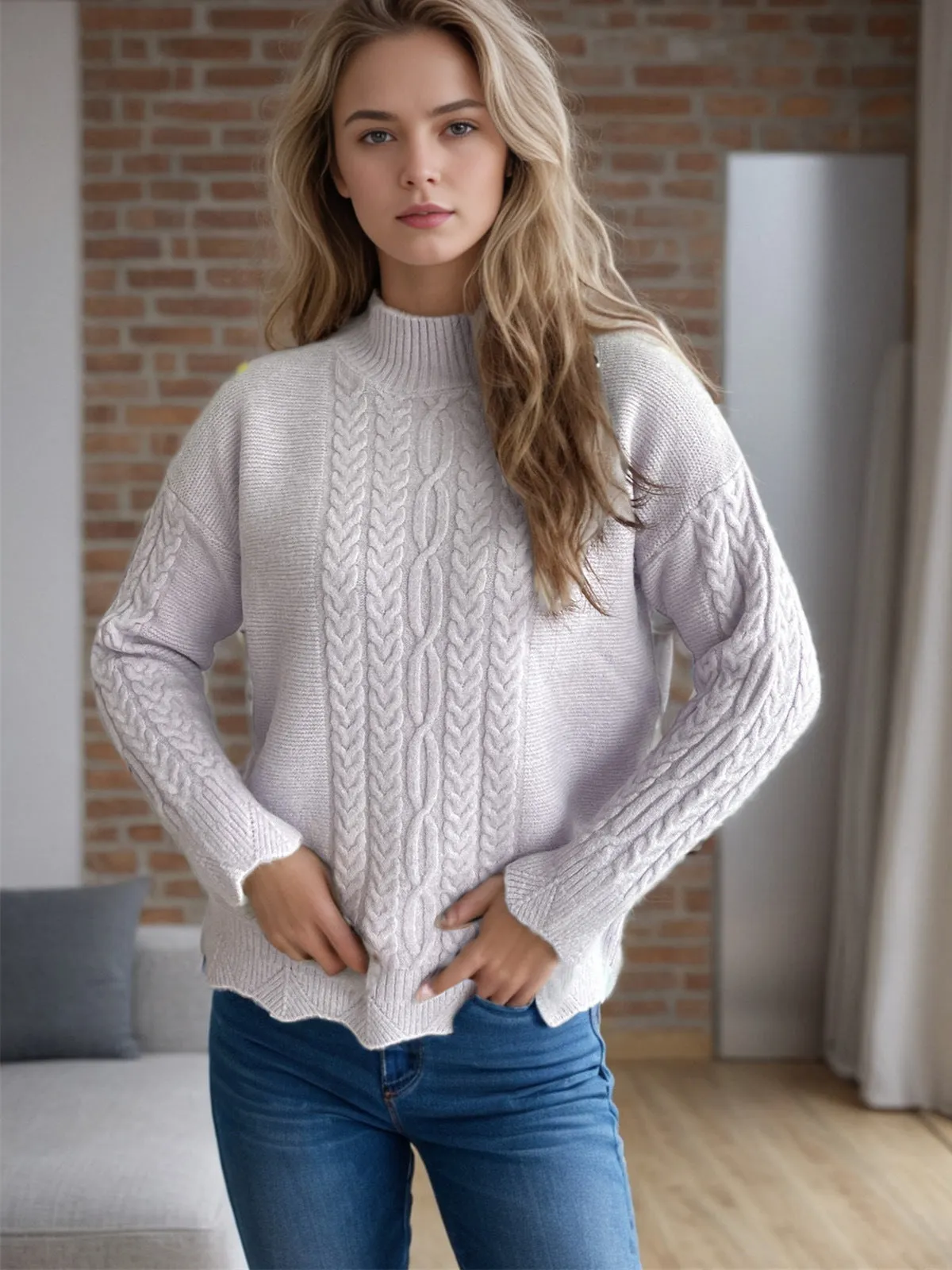 Cable-Knit Mock Neck Dropped Shoulder Sweater | Winter Fashion | Sweater Weather
