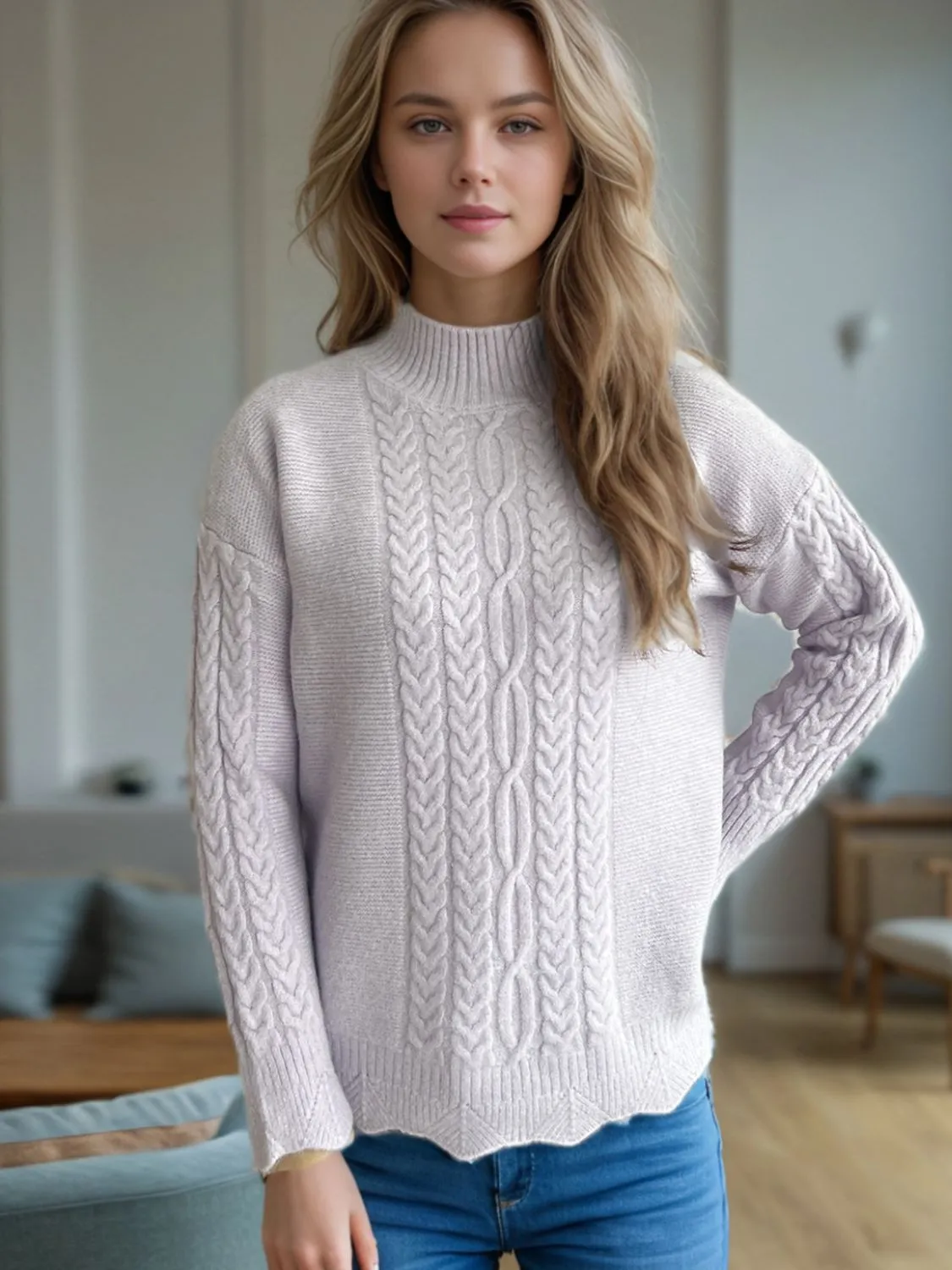 Cable-Knit Mock Neck Dropped Shoulder Sweater | Winter Fashion | Sweater Weather