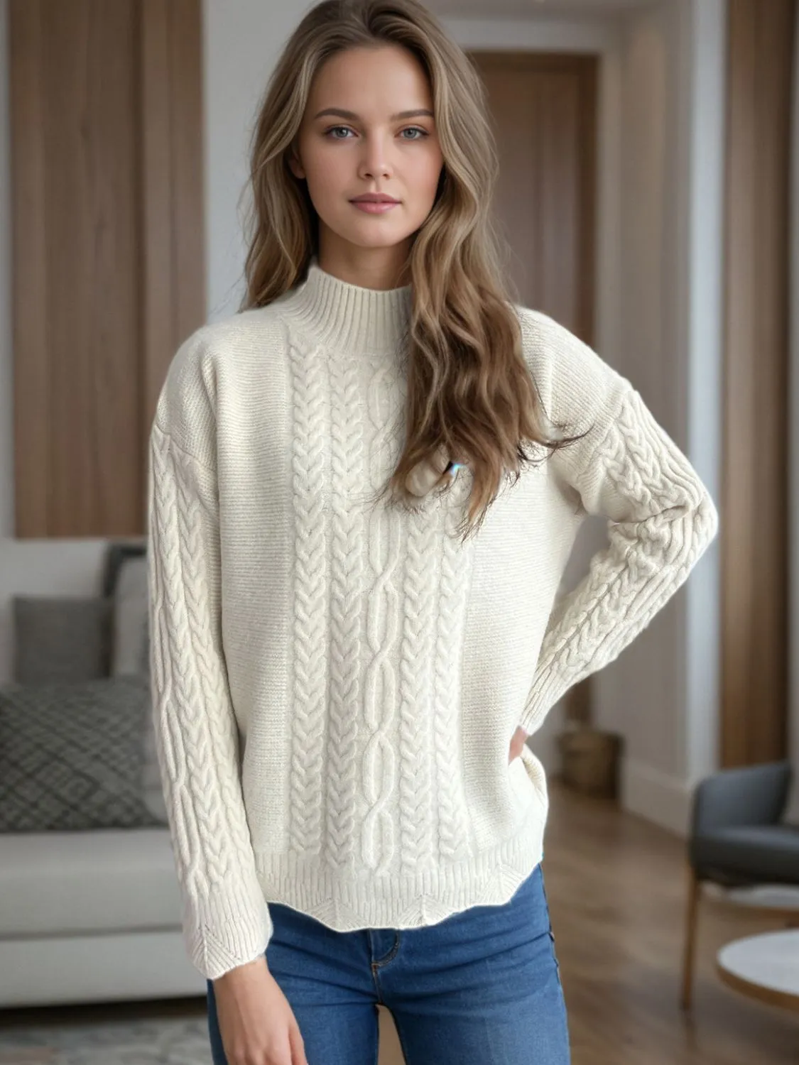 Cable-Knit Mock Neck Dropped Shoulder Sweater | Winter Fashion | Sweater Weather