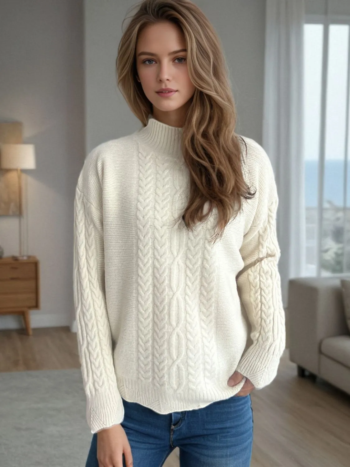 Cable-Knit Mock Neck Dropped Shoulder Sweater | Winter Fashion | Sweater Weather