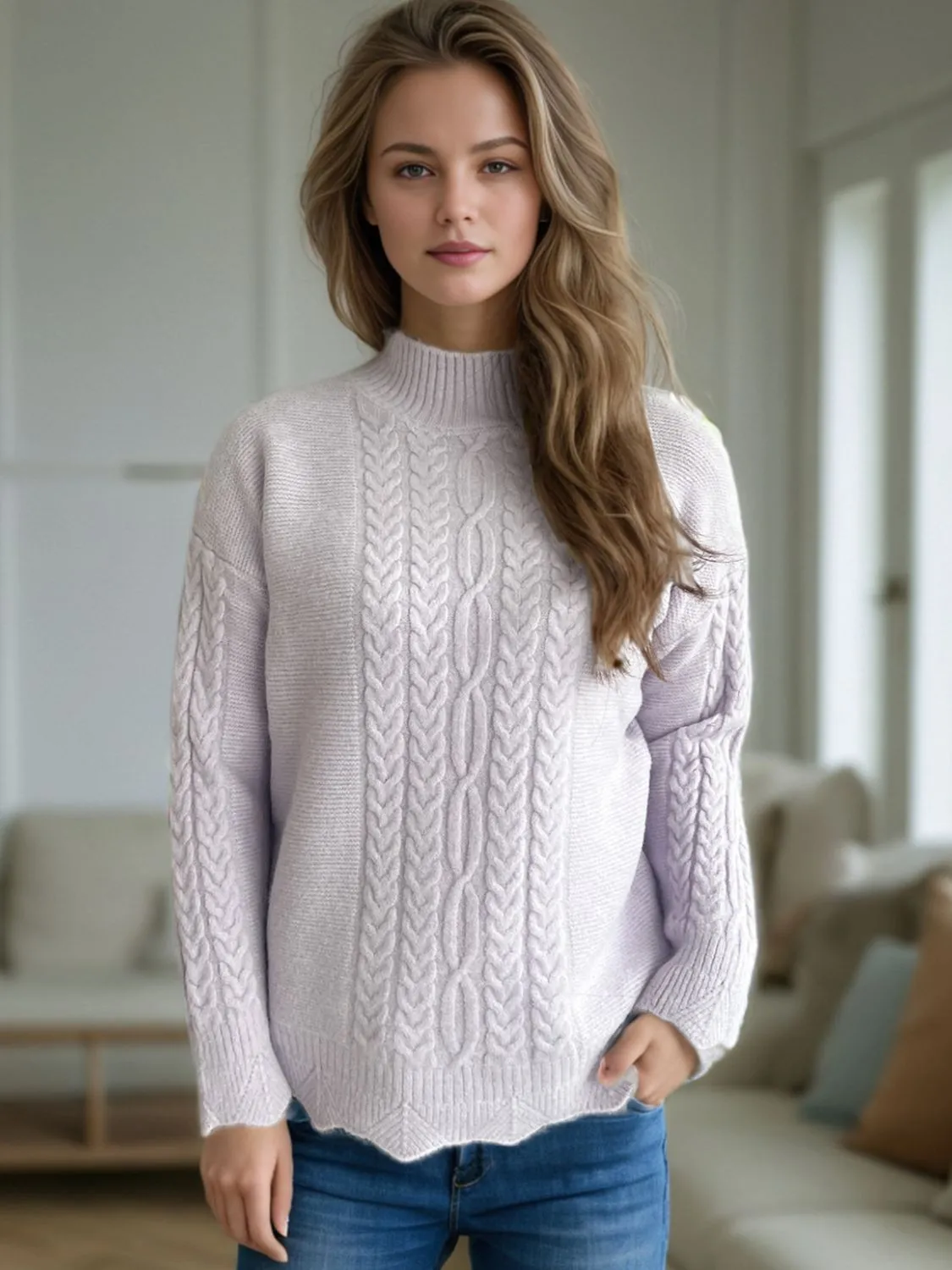 Cable-Knit Mock Neck Dropped Shoulder Sweater | Winter Fashion | Sweater Weather