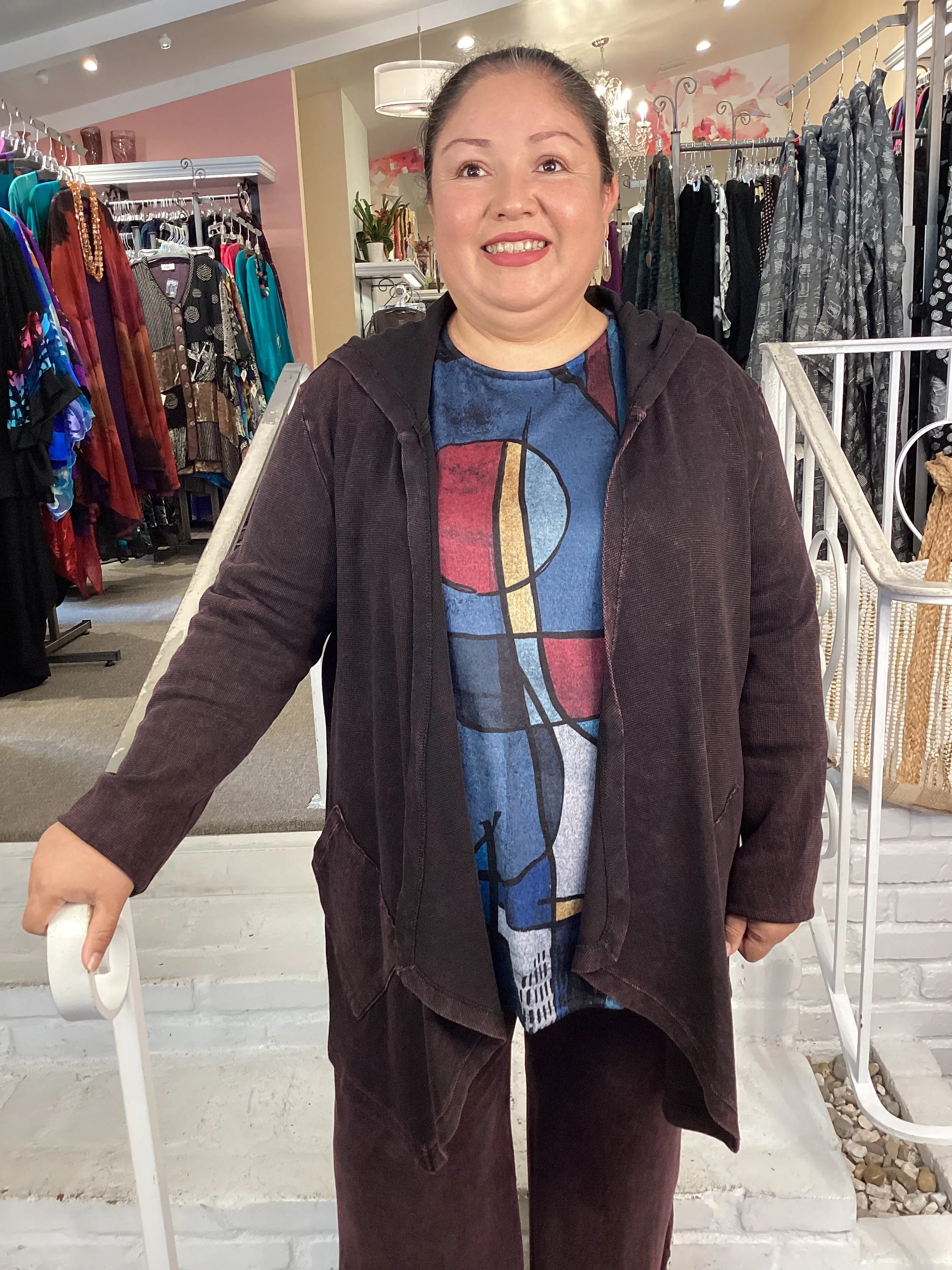 CASCADING HOODED CARDI - WINE