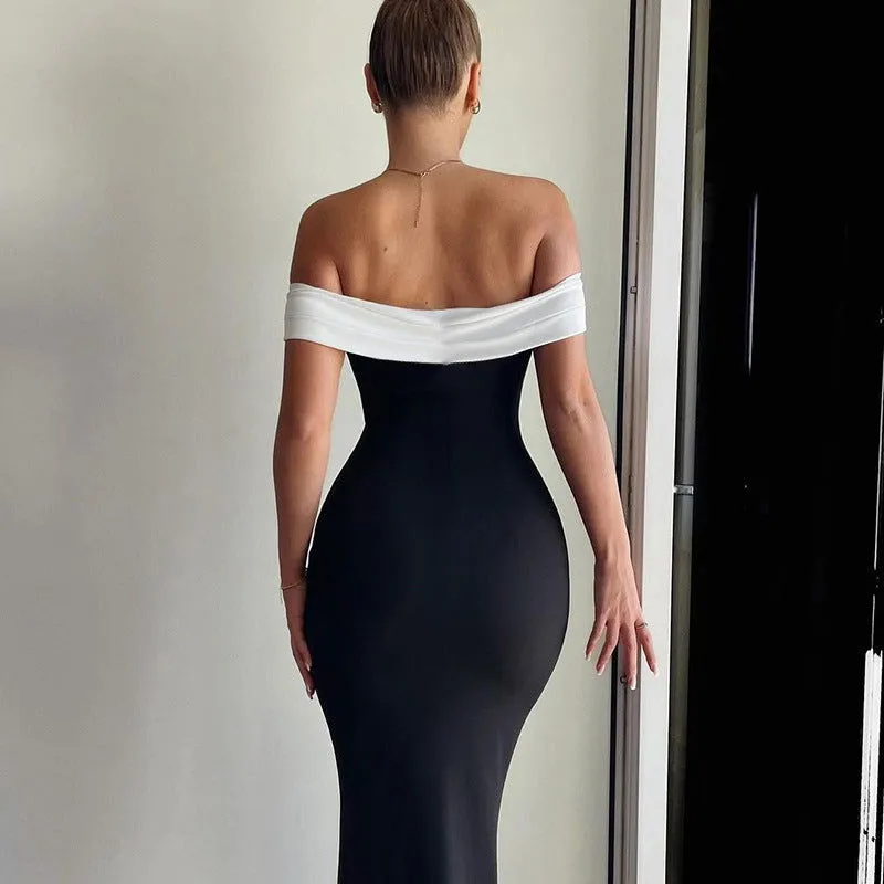 Contrast Color Casual off Shoulder Dress Spring Slim Fit Hip