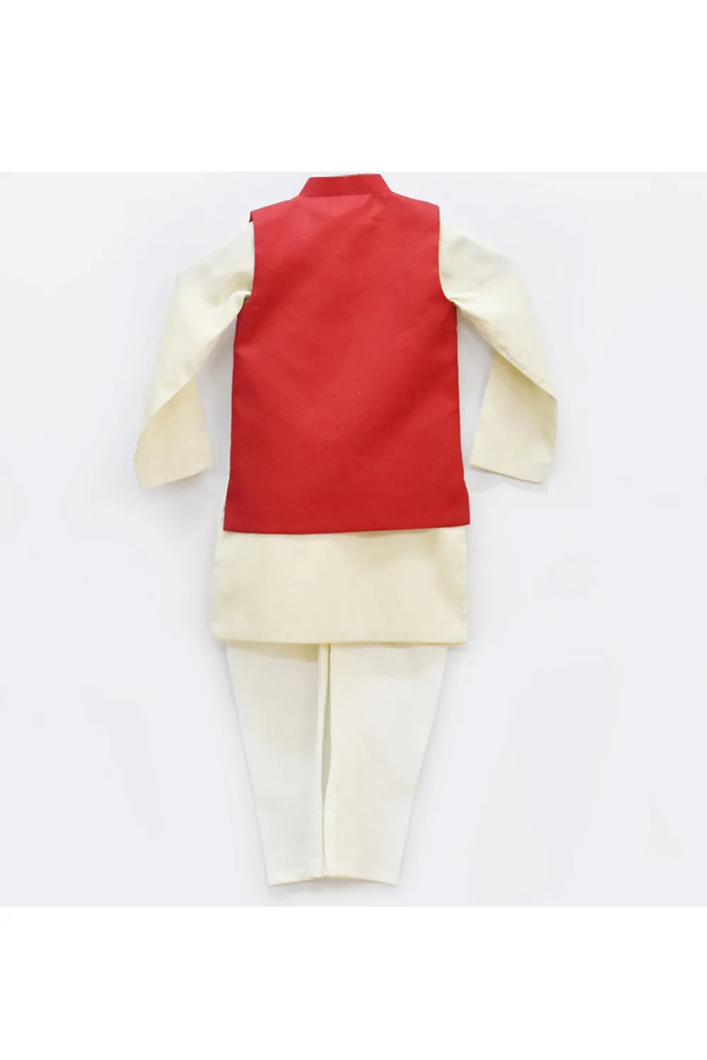Golden Kurta With Red Embroidered Jacket And Off White Churidar