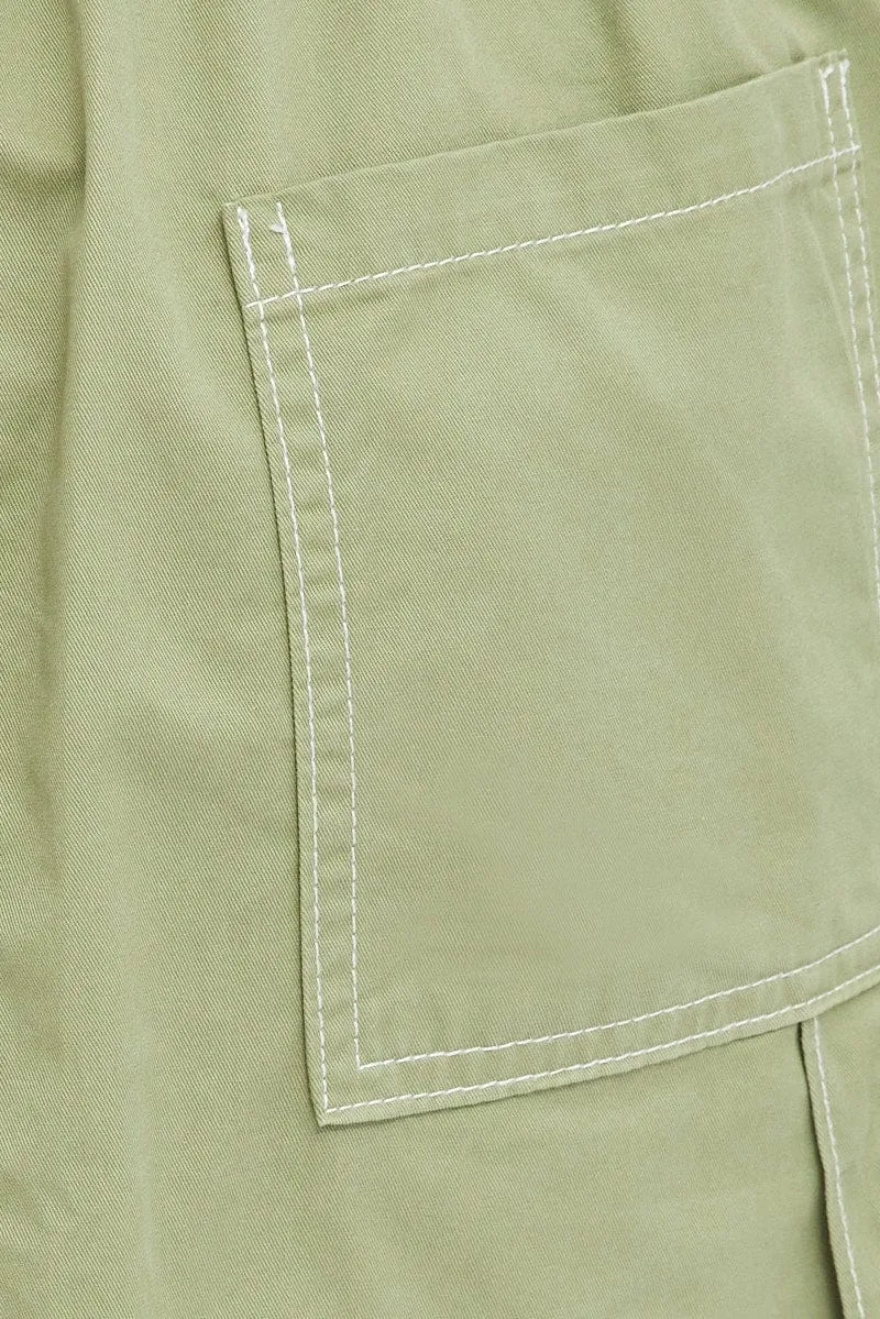 Green Cargo Skirt High Rise Elastic Two-way Midi Mini