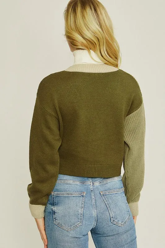 Green Color Block Sweater Cardigan