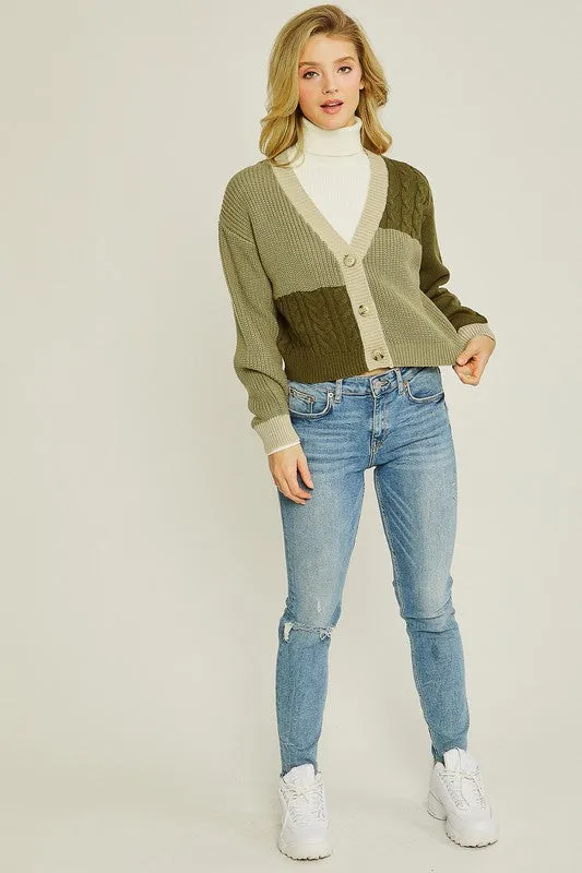 Green Color Block Sweater Cardigan