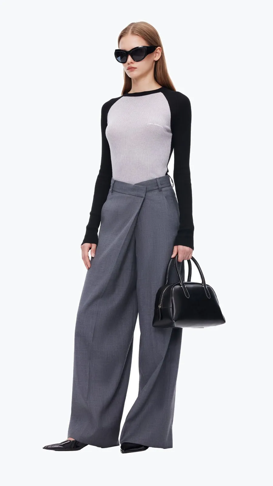 Grey Folded Waist Design Draped Suit Trousers