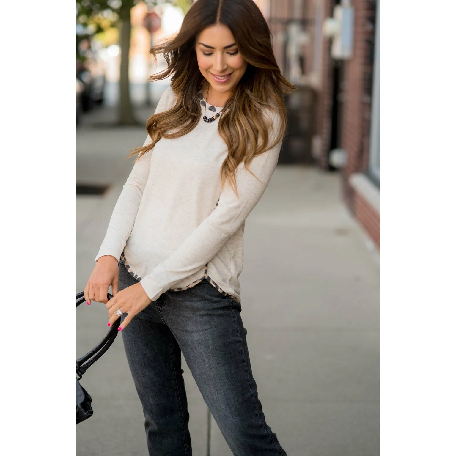 Hint of Leopard Trimmed Solid Tee