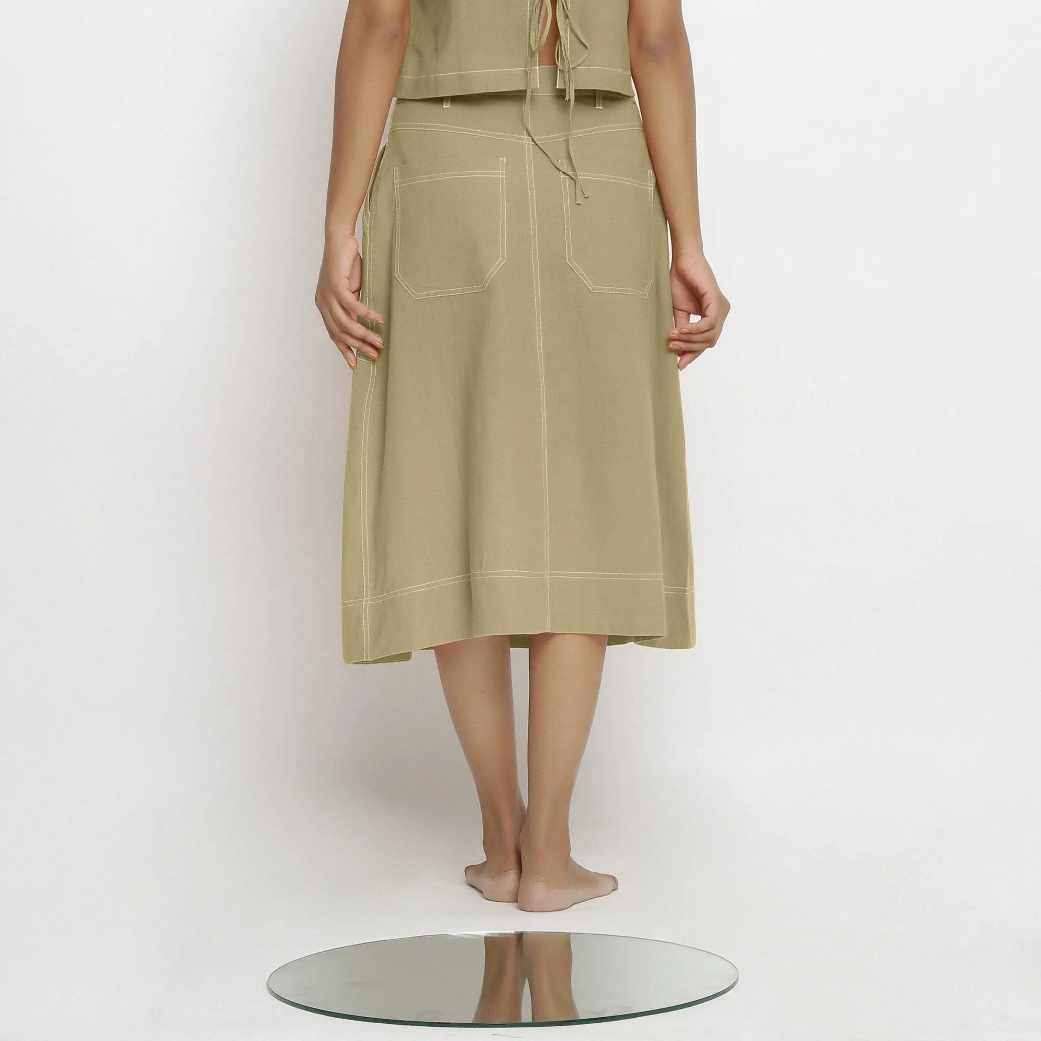 Khakhi Green 100% Cotton Button-Down Midi Skirt