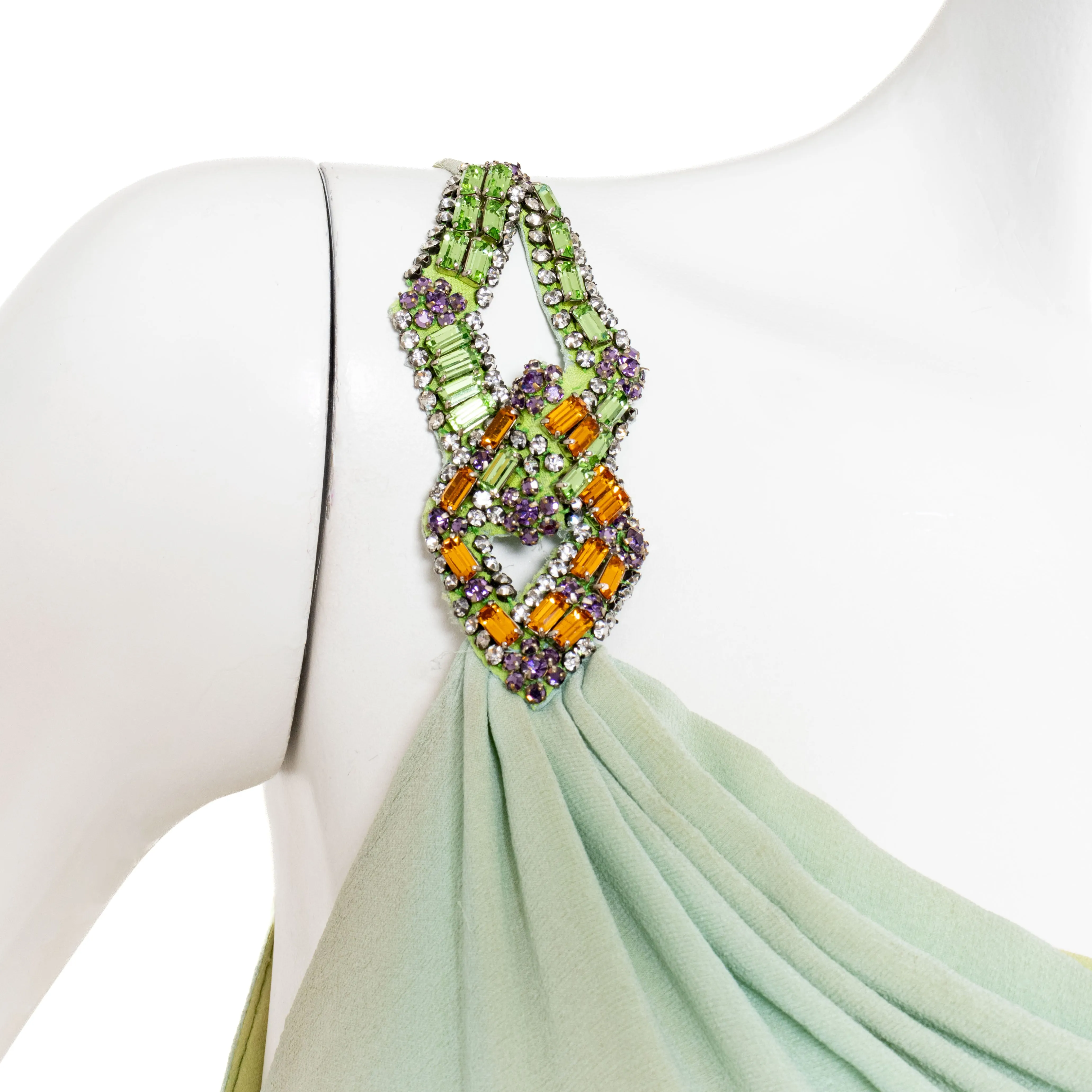 Late 1980s Green Crystal and Silk One Shoulder Dress