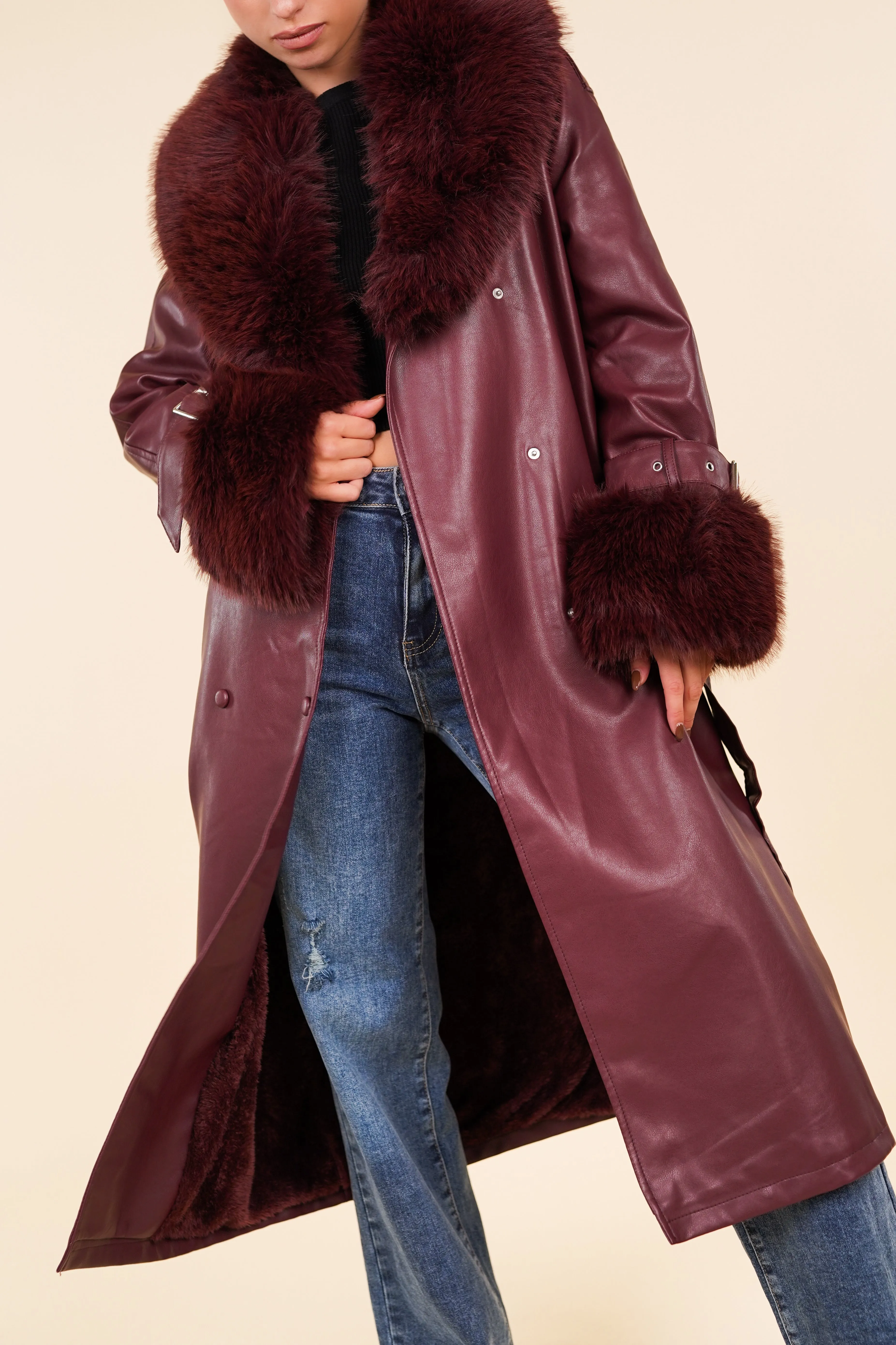 Leatherlook trenchcoat faux fur burgundy - Fally