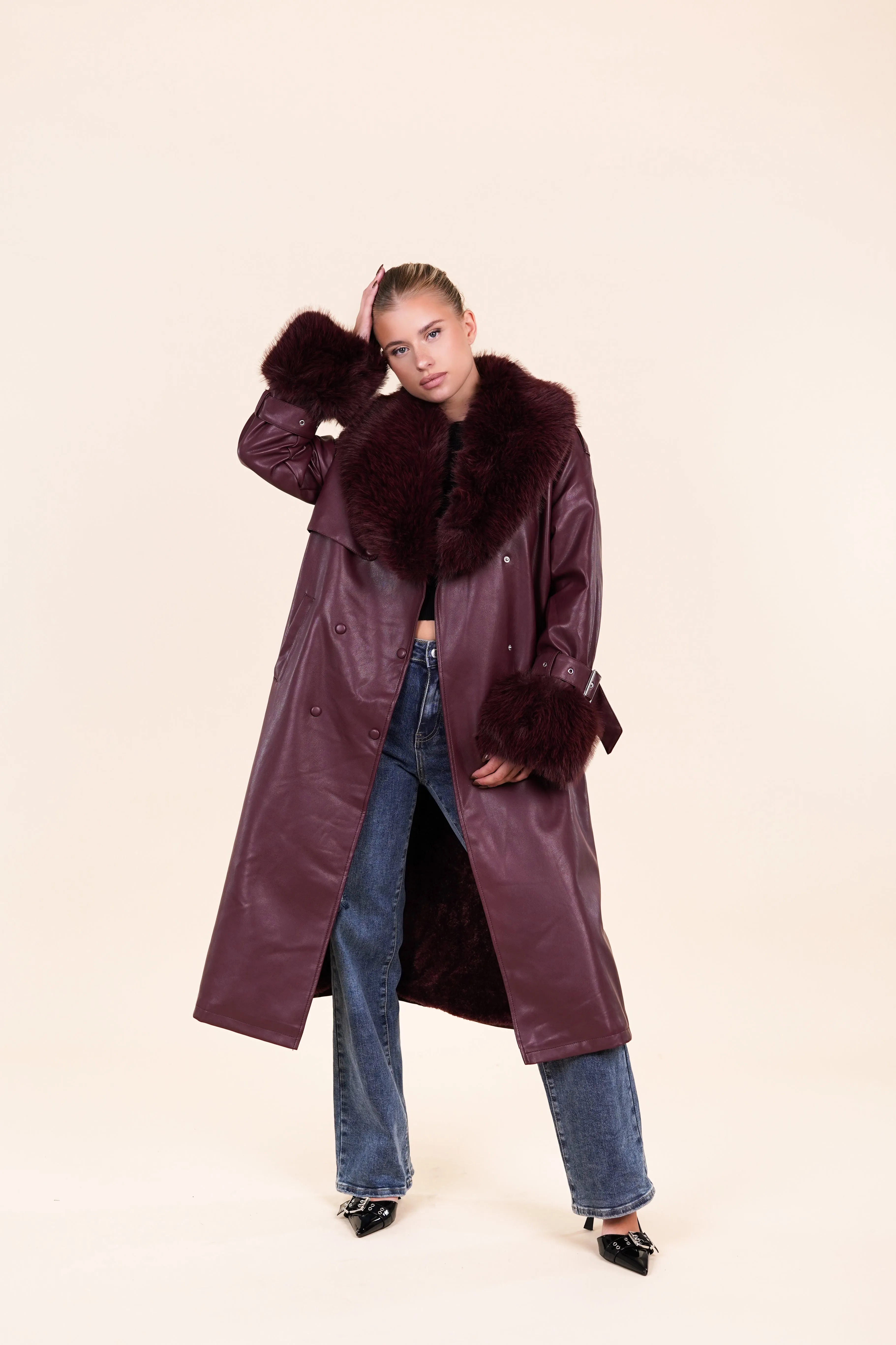Leatherlook trenchcoat faux fur burgundy - Fally