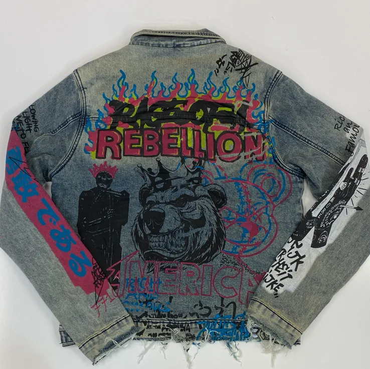Majestik- graphic denim jacket w/leopard fur lining
