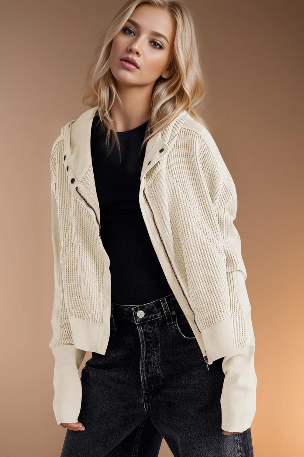 Mary Anne Waffle-Knit Hooded Jacket