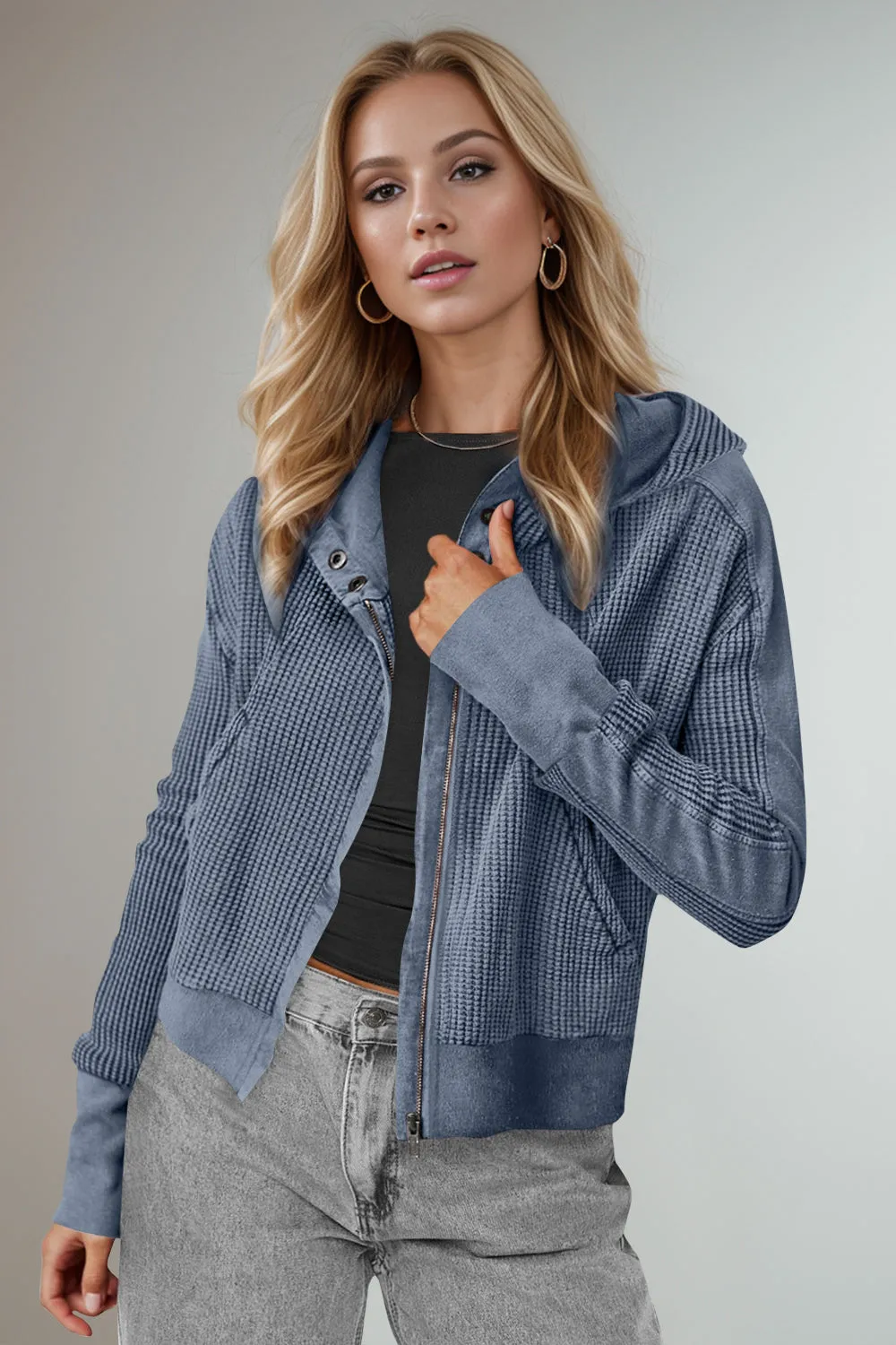 Mary Anne Waffle-Knit Hooded Jacket