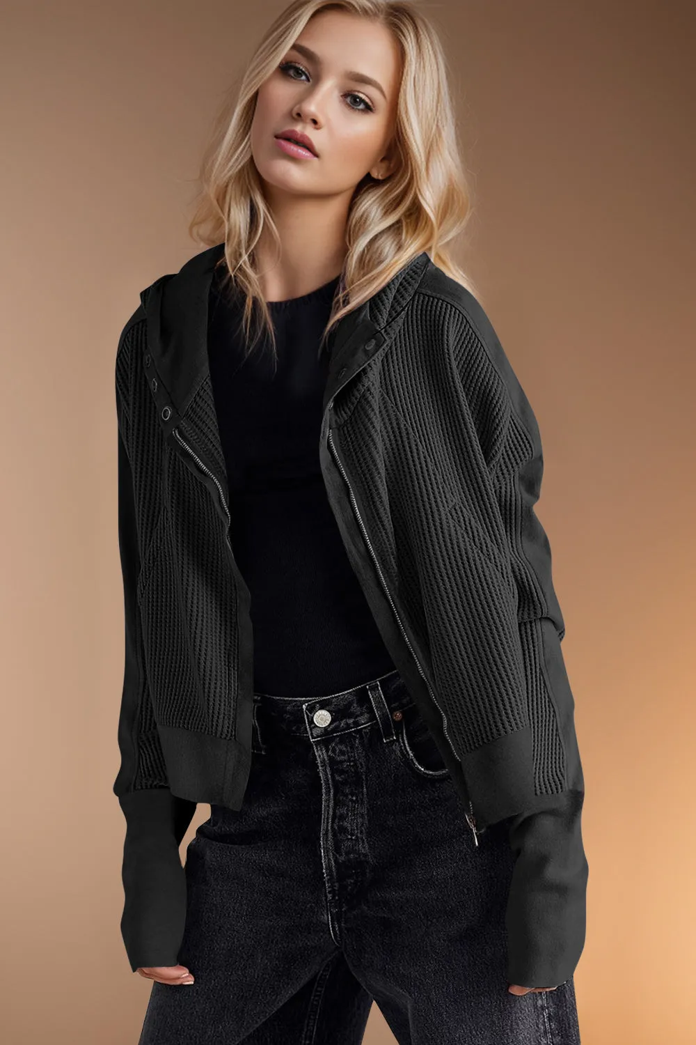 Mary Anne Waffle-Knit Hooded Jacket