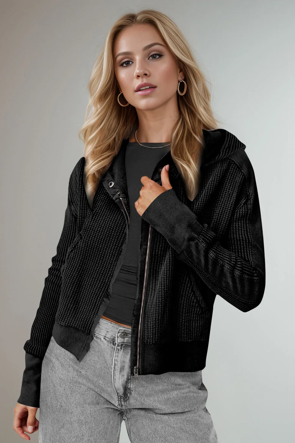 Mary Anne Waffle-Knit Hooded Jacket