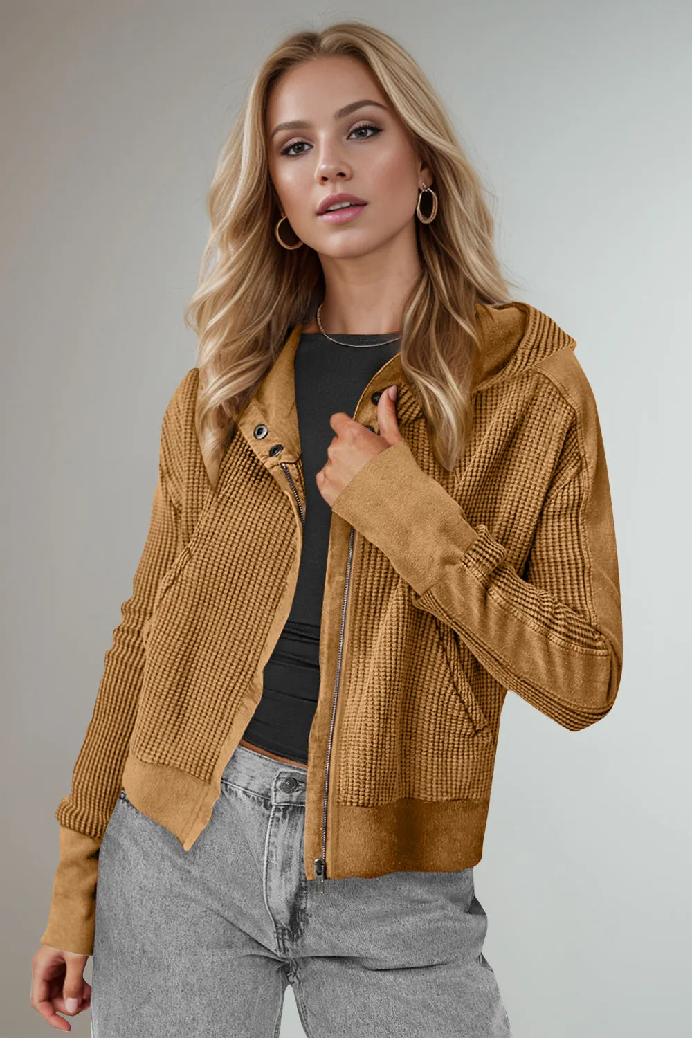 Mary Anne Waffle-Knit Hooded Jacket