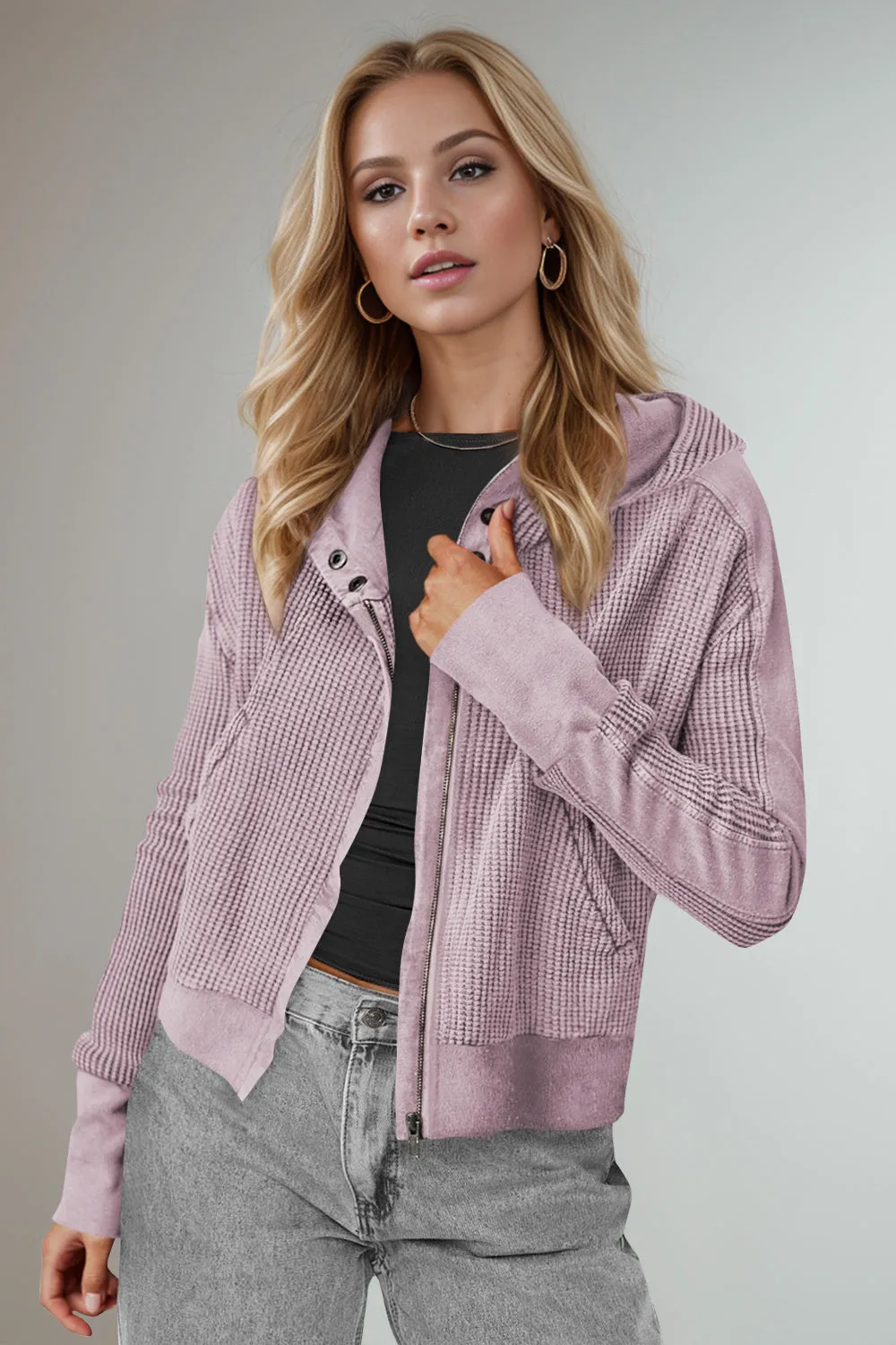 Mary Anne Waffle-Knit Hooded Jacket