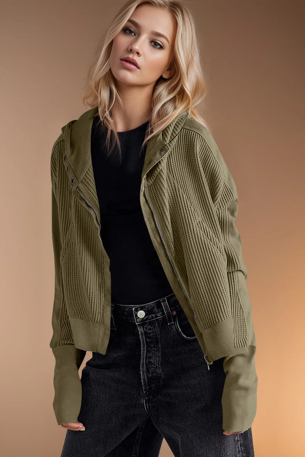 Mary Anne Waffle-Knit Hooded Jacket