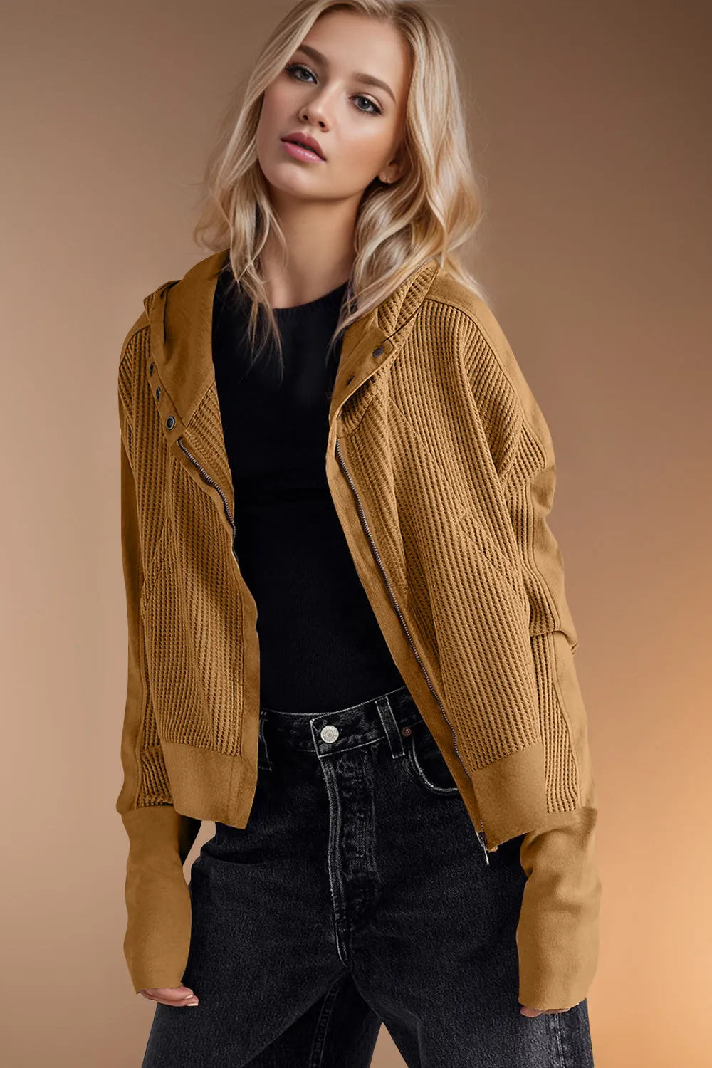Mary Anne Waffle-Knit Hooded Jacket