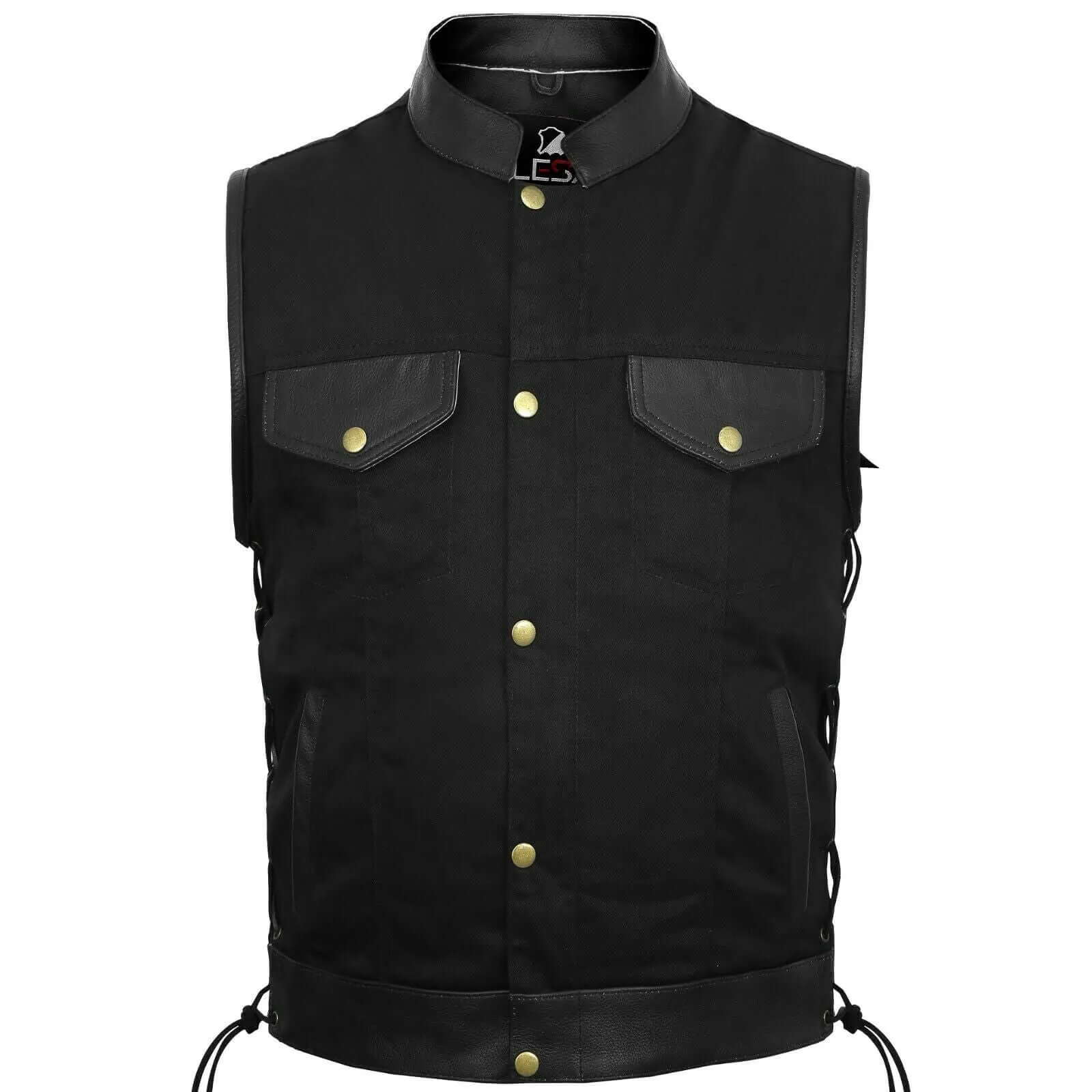 Mens Biker Style Denim Club Vest Side Lace Waistcoat With Real Leather Trim