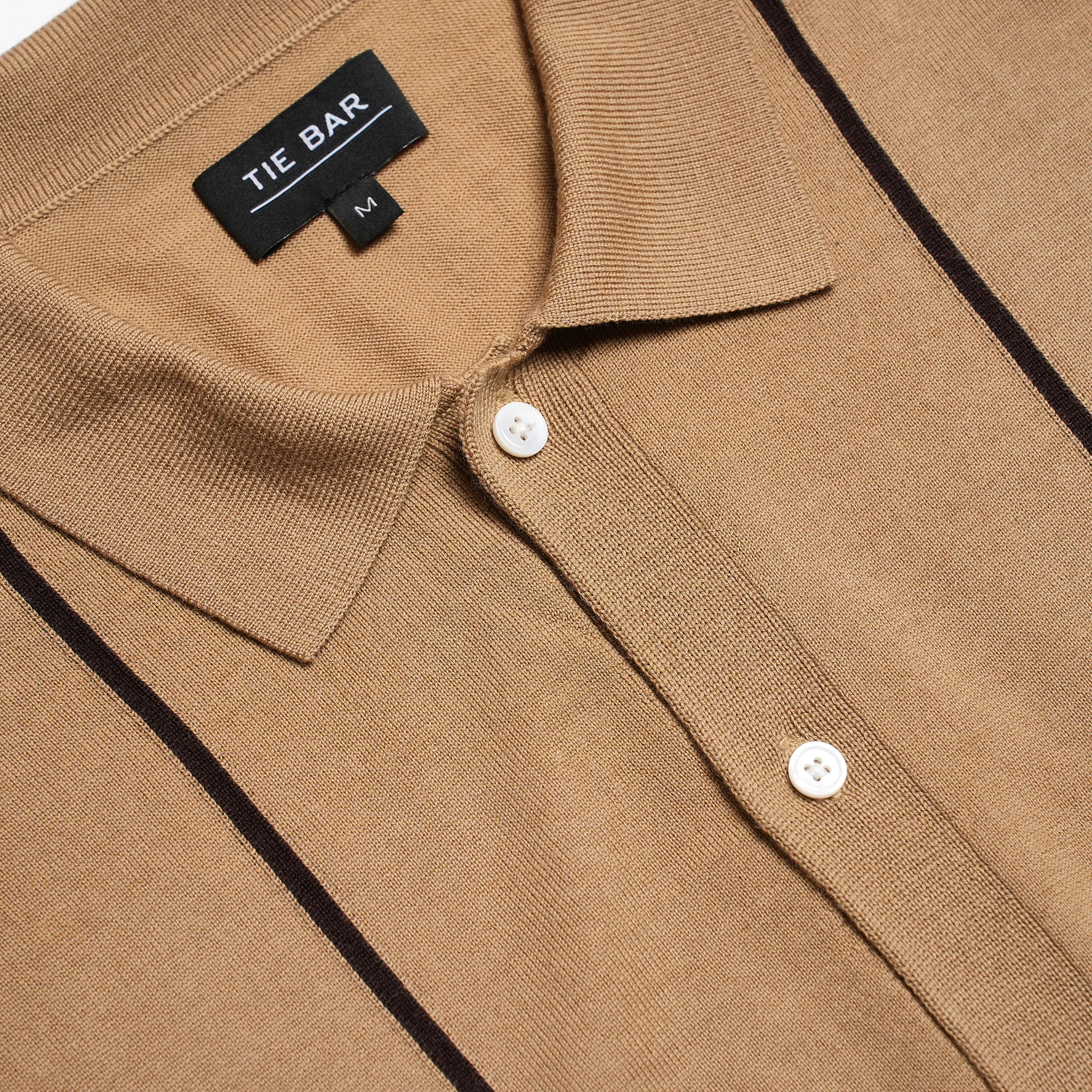 Merino Wool Striped Camel Sweater Polo