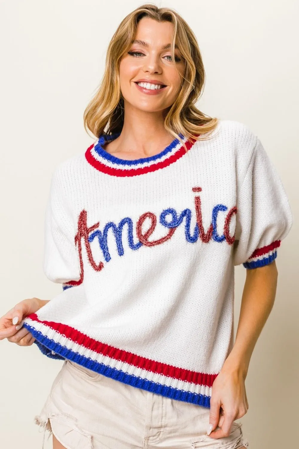 Metallic Short Sleeve Sweater with America Lettering