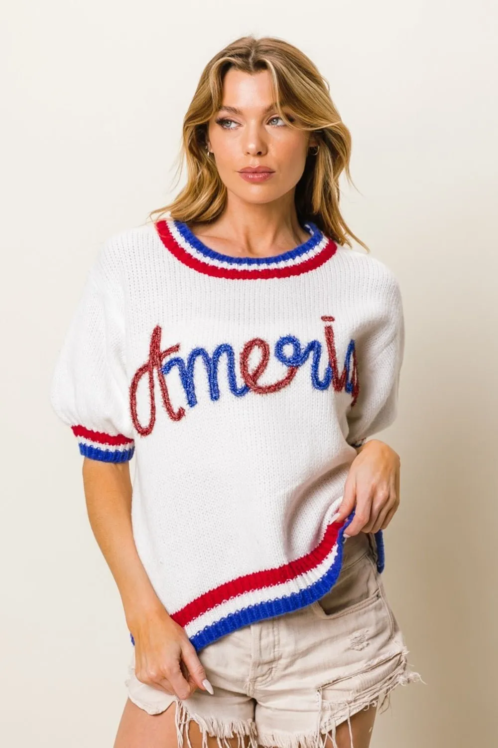 Metallic Short Sleeve Sweater with America Lettering