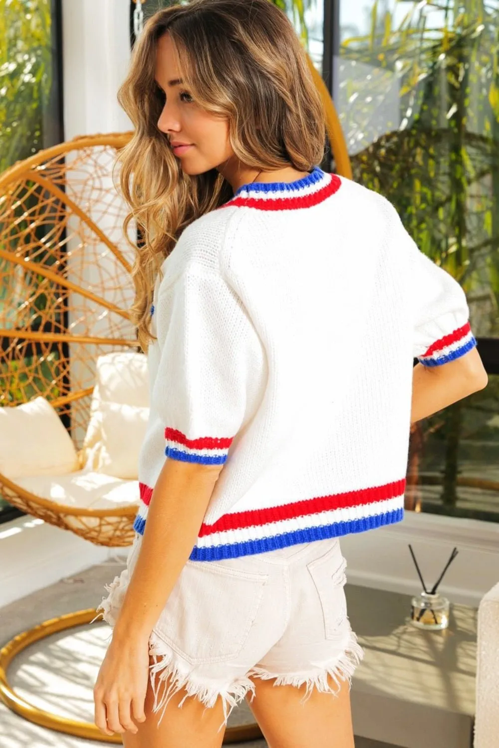 Metallic Short Sleeve Sweater with America Lettering