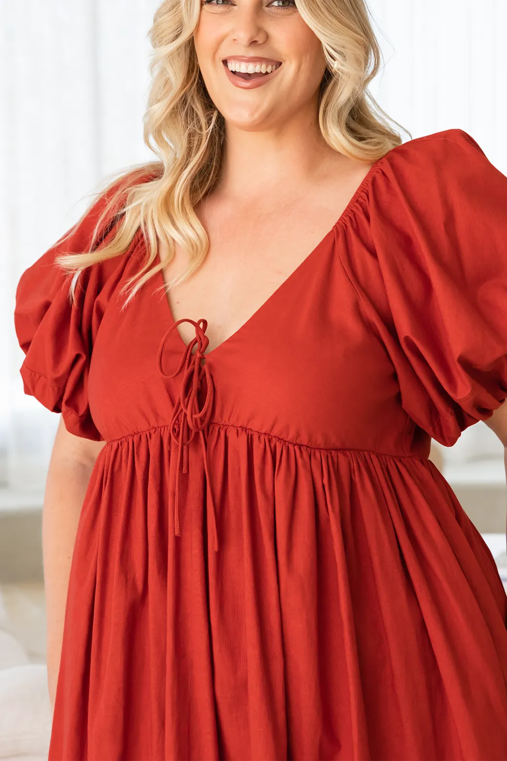 Mikayla Puff Sleeve Midi Dress Rust